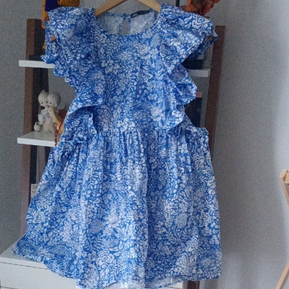 Zara Blue and White Ruffled Tiered Sundress